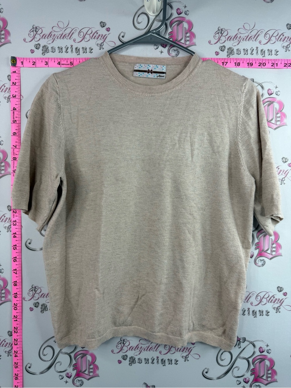 Azul short sleeve sparkly knit, cream shirt, Beige Short Sleeve Knit Top